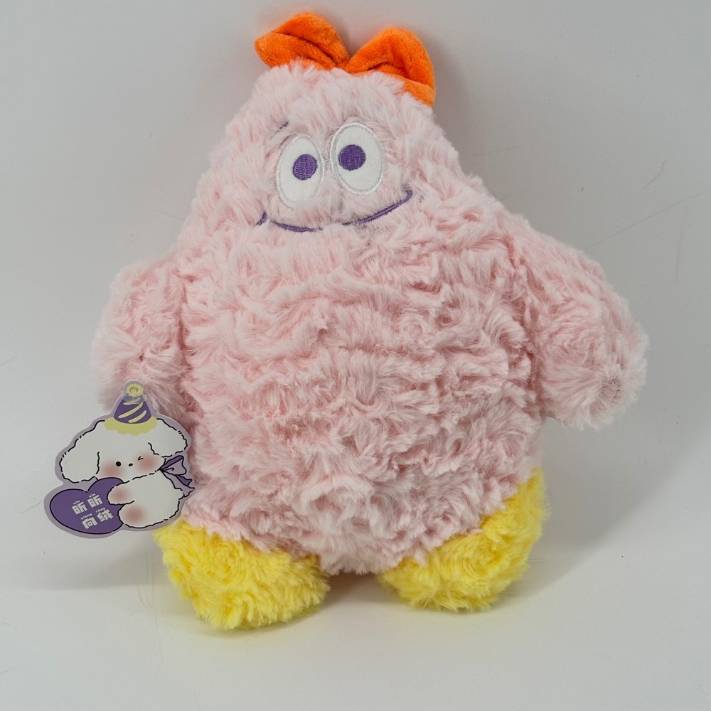 Pink Plush Bird Stuffed Animal Curly Textured Fur Orange Bows Yellow Feet